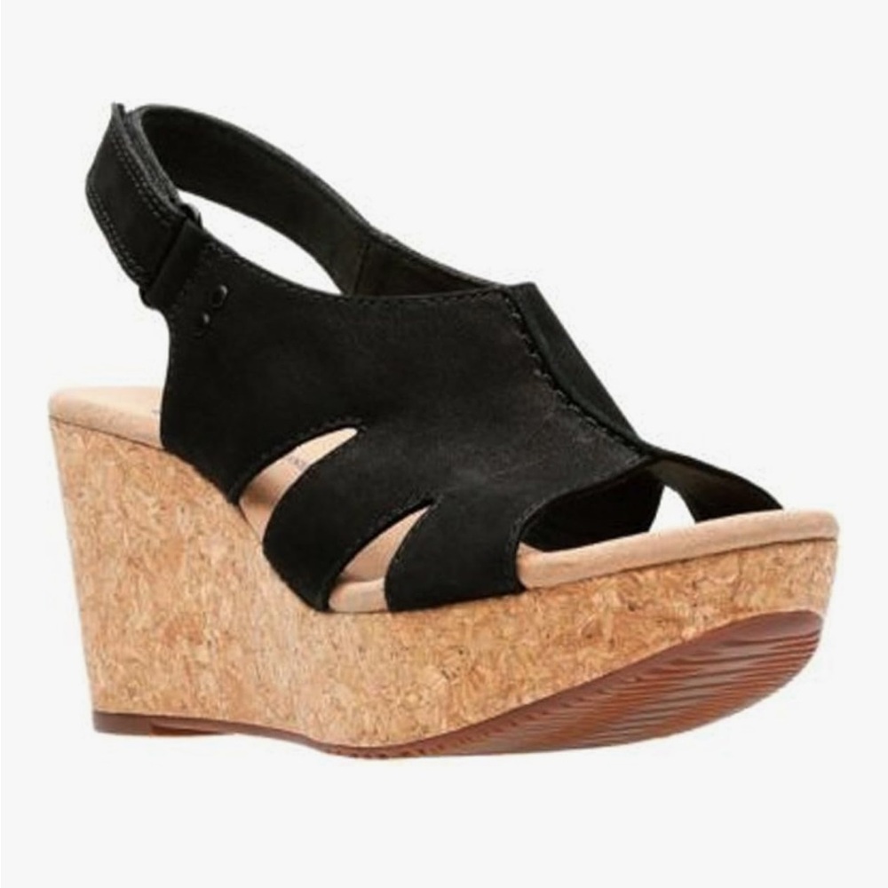 NIB Clarks Annadel Bari Sandal Size 8 Black Nubuck Cork Wedge Heel Platform